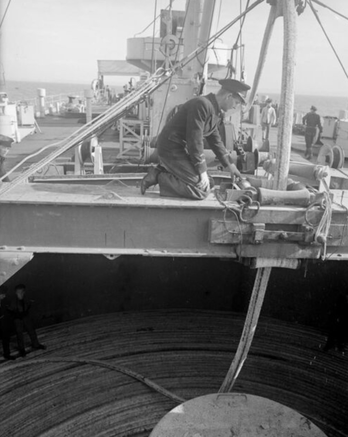 The cable laying ship HMS Sancroft in the Channel. 